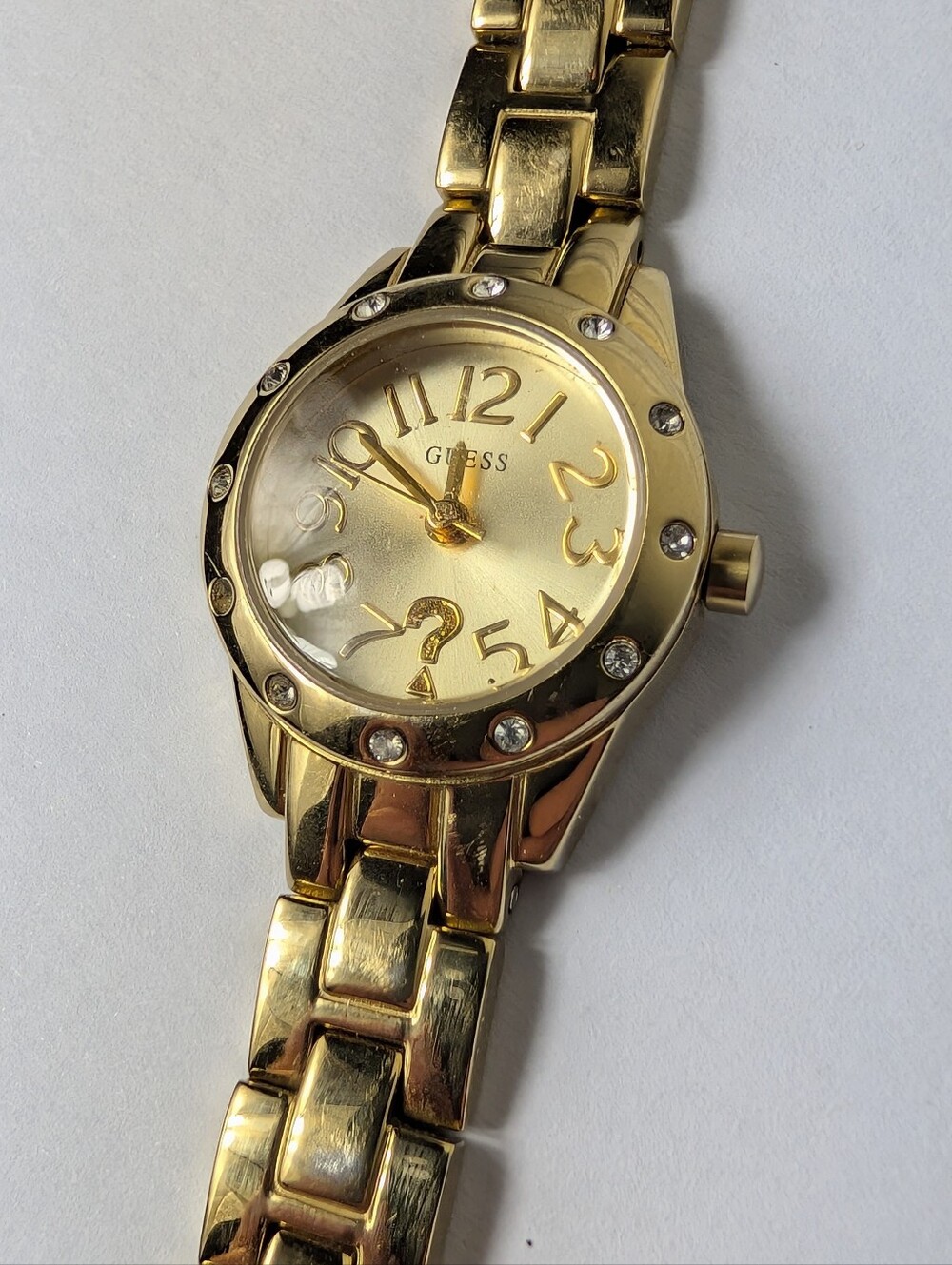 Women's GUESS Gold-Tone Crystal Bezel Quartz Wristwatch